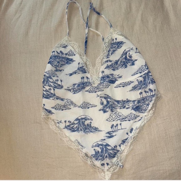 Frankie's Bikinis Tops - Frankies Bikinis Blue and White Wave Print Halter Top